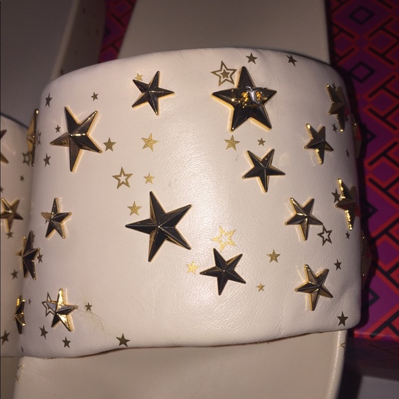 New Tory Burch Star Slides Leather Gold Cream - Picture 4 of 7